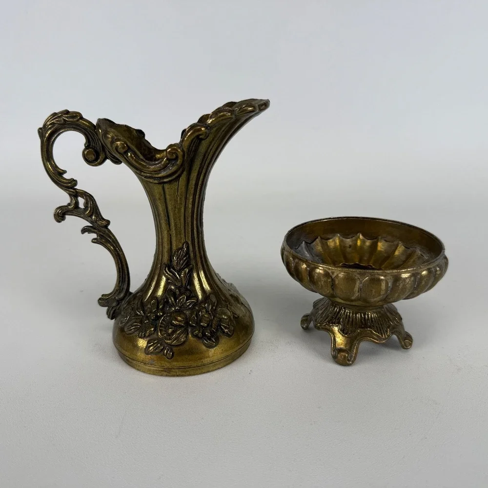 Vintage Italian Brass Floral Vase Pitcher Made In Italy Ornate Patina Metal READ